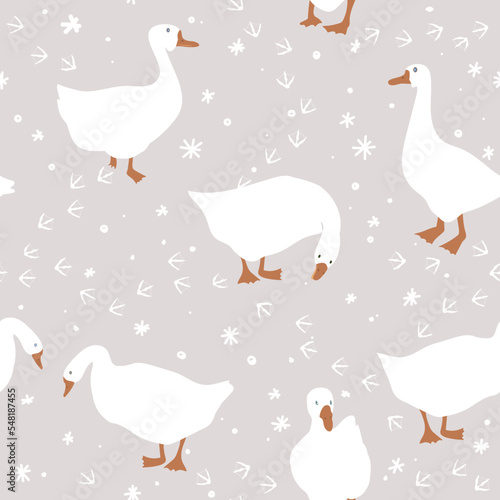 Goose and their feet tracks on the snow cute seamless pattern. Winter Xmas background. Snowflakes and geese on baige background