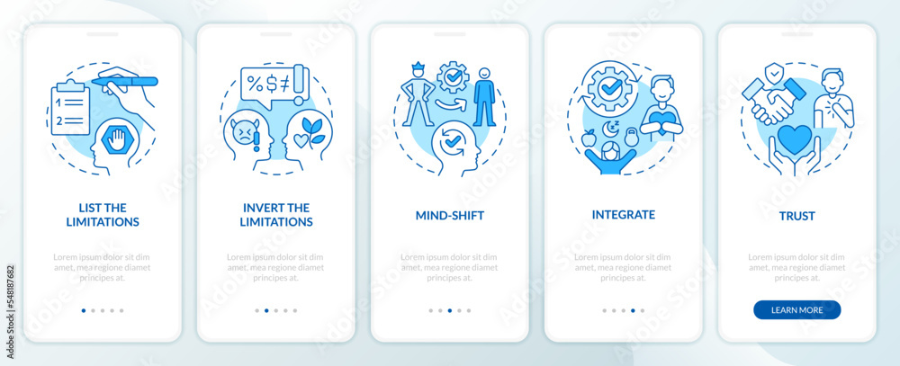 Removing personal limitations tips blue onboarding mobile app screen. Walkthrough 5 steps editable graphic instructions with linear concepts. UI, UX, GUI template. Myriad Pro-Bold, Regular fonts used
