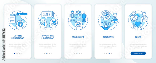 Removing personal limitations tips blue onboarding mobile app screen. Walkthrough 5 steps editable graphic instructions with linear concepts. UI, UX, GUI template. Myriad Pro-Bold, Regular fonts used