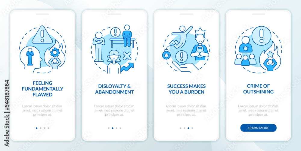 Upper limit problem blue onboarding mobile app screen. Walkthrough 4 steps editable graphic instructions with linear concepts. UI, UX, GUI template. Myriad Pro-Bold, Regular fonts used