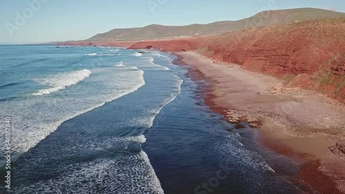 Aerial view on Legzira beach with arched rocks on the Atlantic coast in Morocco