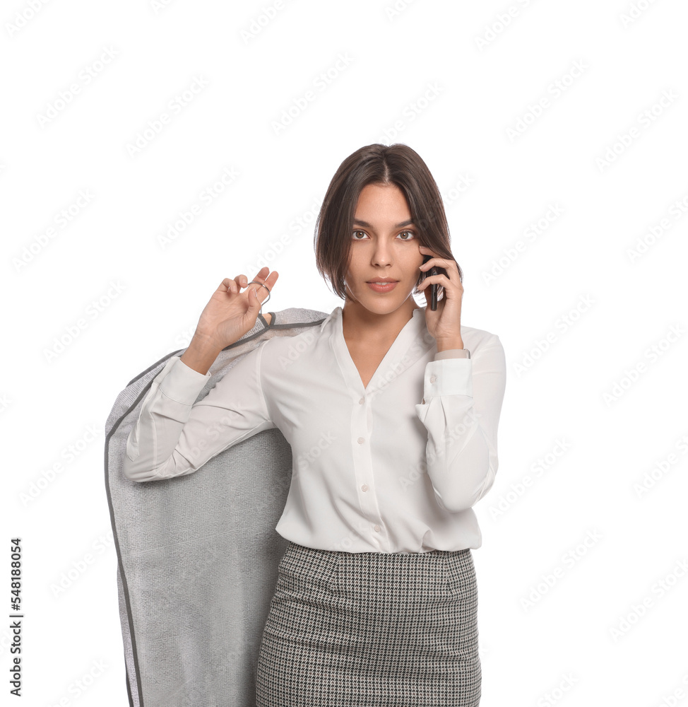 Woman holding garment cover with clothes while talking on phone, isolated on white. Dry-cleaning service Woman holding garment cover with clothes while talking on phone, isolated on white. Dry-cleaning service