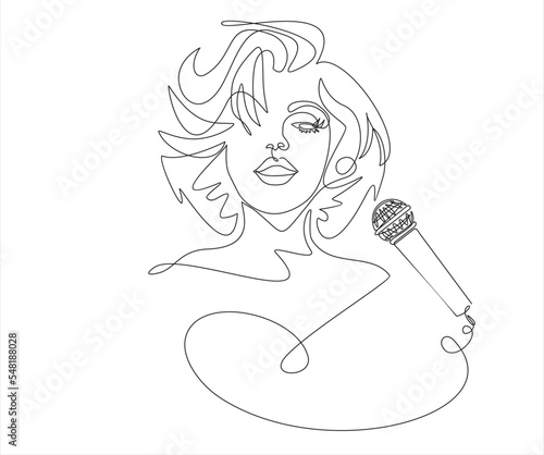 Young woman singing in a microphone. Continuous one line drawing. Vector illustration.