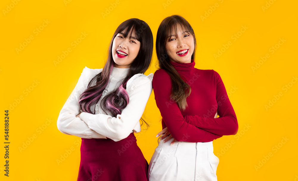 Young pretty asian women lgbtq couple wear re white cloth Christmas theme concept to celebrate a party yellow background. Young pretty asian women lgbtq couple wear re white cloth Christmas theme concept to celebrate a party yellow background.