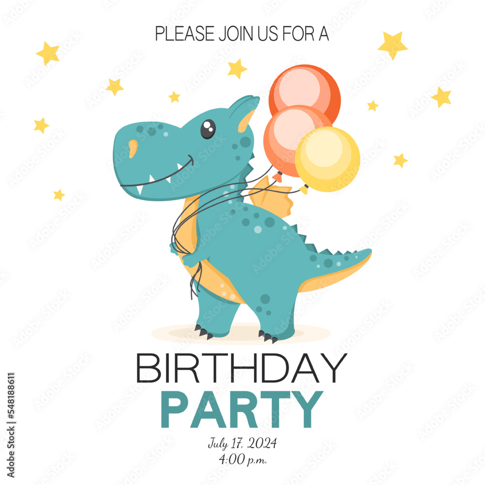 Obraz premium Birthday invitation card with dinosaur. Vector illustration.