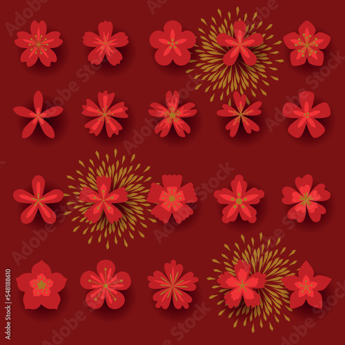Red flowers set. Sakura flowers collection of symbol, icon, sign. Cherry blossom vector illustration