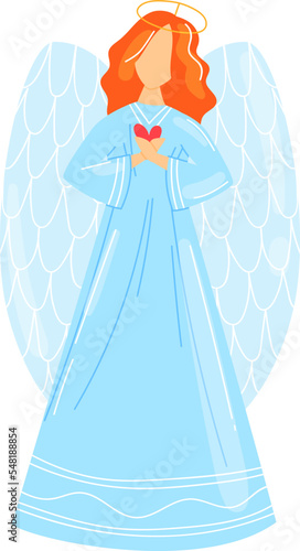 Women girl angel with wings for Christmas or holy church biblical story vector illustration isolated in white. Valentines Day heart angel cross hands