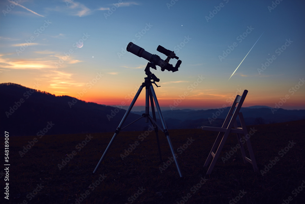 Astronomy telescope for observing night sky, Moon, planets, stars and meteors. Astronomy telescope for observing night sky, Moon, planets, stars and meteors.