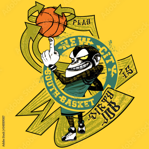 Monkey mascot of a basketball team spinning a basketball on one finger. Animal sports illustration concept.
