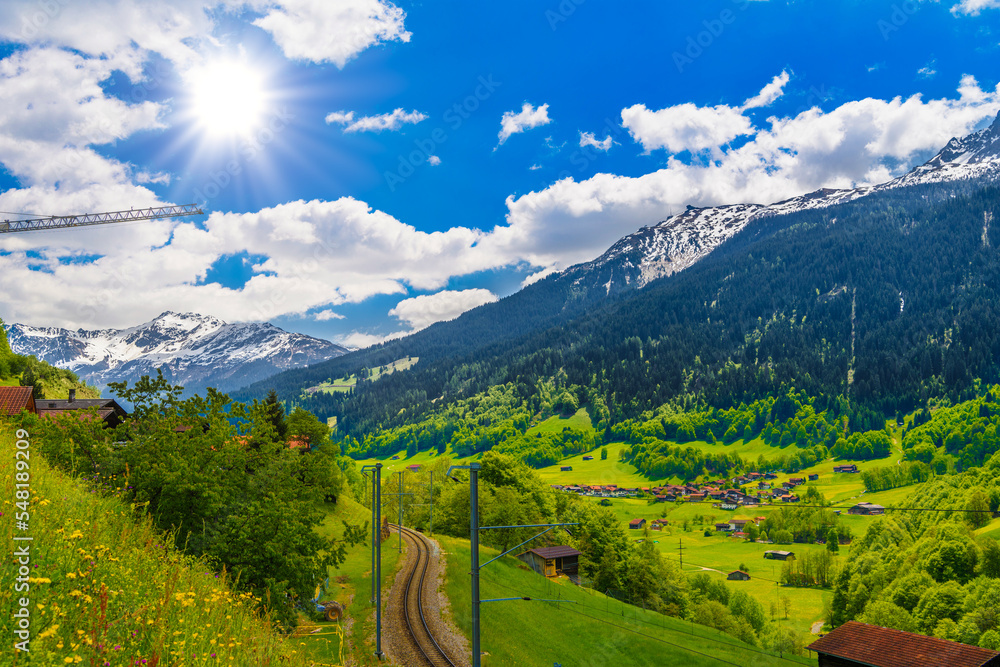 Railway in Alps mountains, Klosters-Serneus, Davos, Graubuenden
