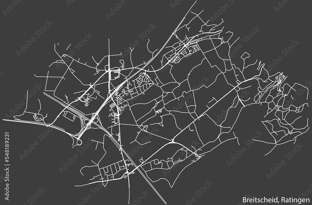 Detailed negative navigation white lines urban street roads map of the BREITSCHEID MUNICIPALITY of the German regional capital city of Ratingen, Germany on dark gray background