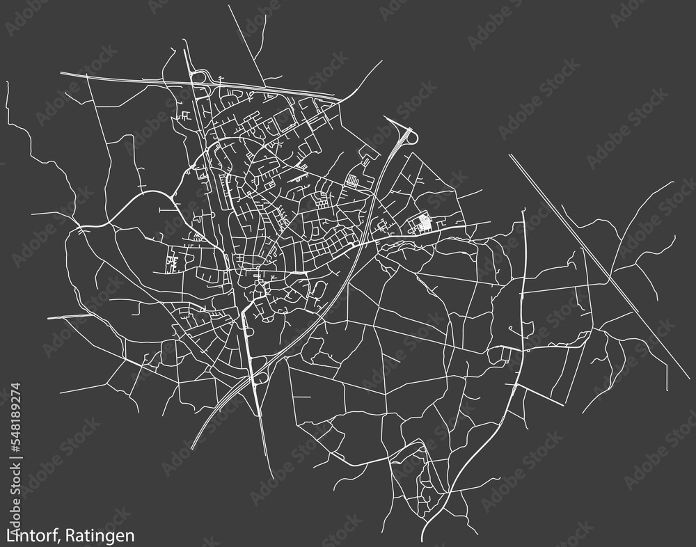 Detailed negative navigation white lines urban street roads map of the LINTORF MUNICIPALITY of the German regional capital city of Ratingen, Germany on dark gray background
