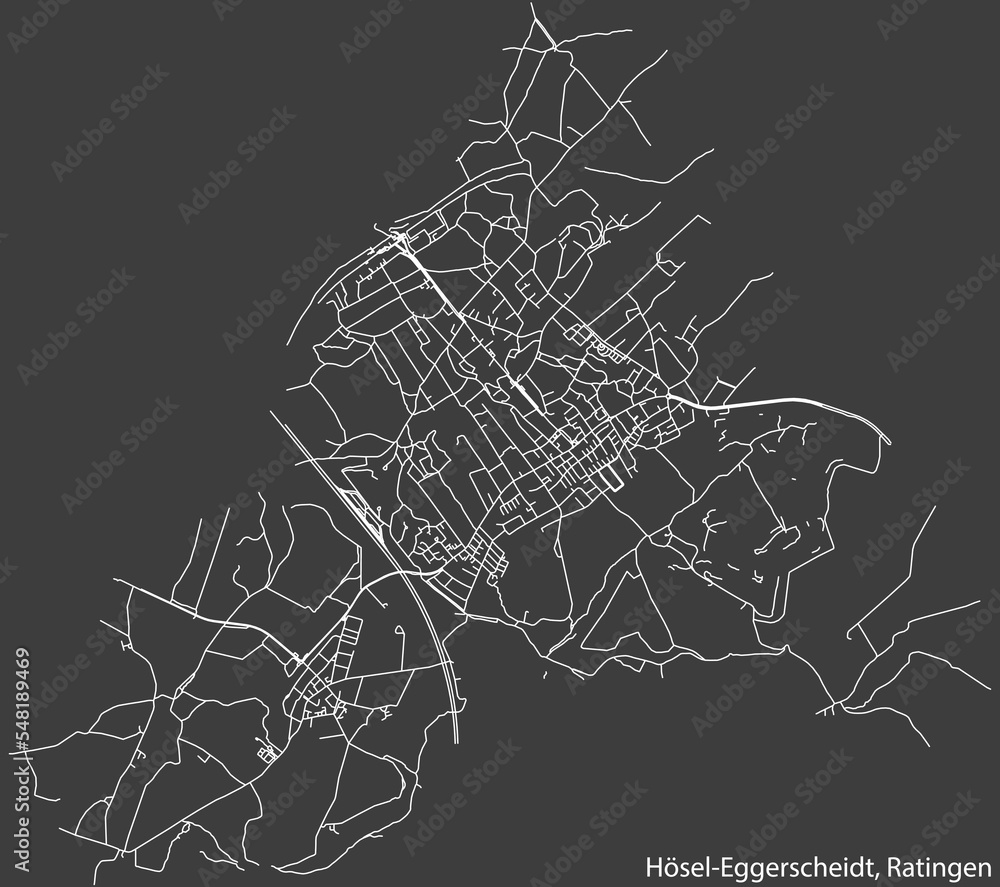 Detailed negative navigation white lines urban street roads map of the HÖSEL-EGGERSCHEIDT MUNICIPALITY of the German regional capital city of Ratingen, Germany on dark gray background