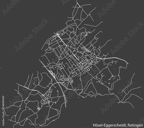 Detailed negative navigation white lines urban street roads map of the HÖSEL-EGGERSCHEIDT MUNICIPALITY of the German regional capital city of Ratingen, Germany on dark gray background