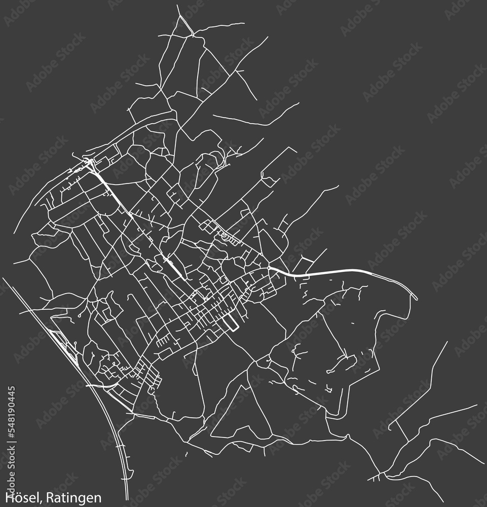 Detailed negative navigation white lines urban street roads map of the HÖSEL MUNICIPALITY of the German regional capital city of Ratingen, Germany on dark gray background