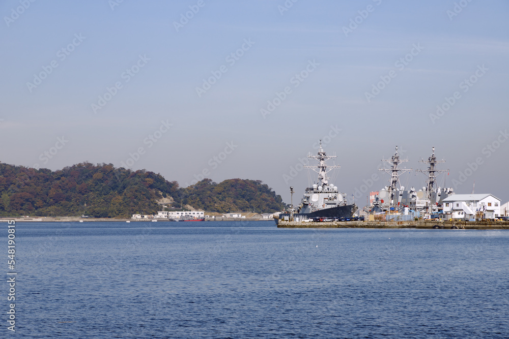 横須賀、ヴェルニー公園から見た湾内と吾妻島方面の風景