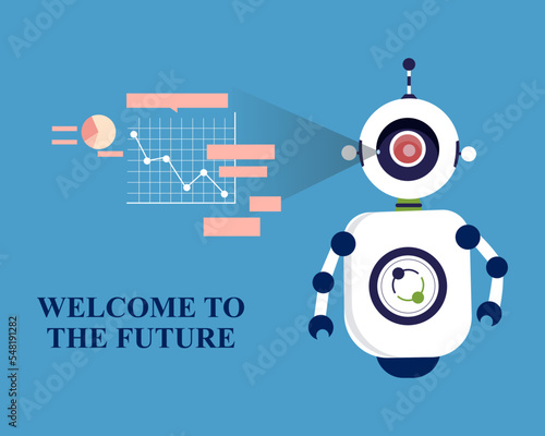 Data analysis or analytics by Artificial intelligence ai robot, Welcome to the Future robotic data monitoring. vector illustration.