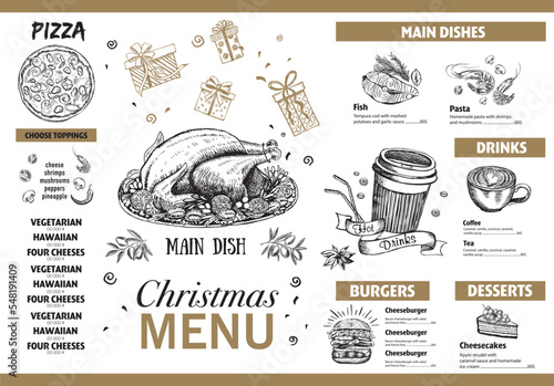 Christmas restaurant menu. Sketch illustration. Vector.