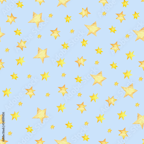Cute watercolor star sky. Seamless pattern. Hand drawn stars. Texture for kids design, decoration, wallpaper, textiles, wrapping paper. Also suitable for Christmas decor.