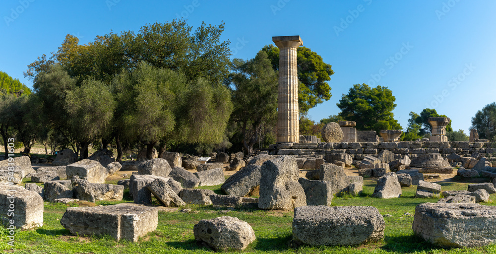 view of the ruins of the Temple of Zeus in Ancient Olympia