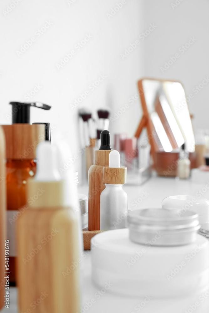 Different cosmetic products on table, closeup - obrazy, fototapety, plakaty 