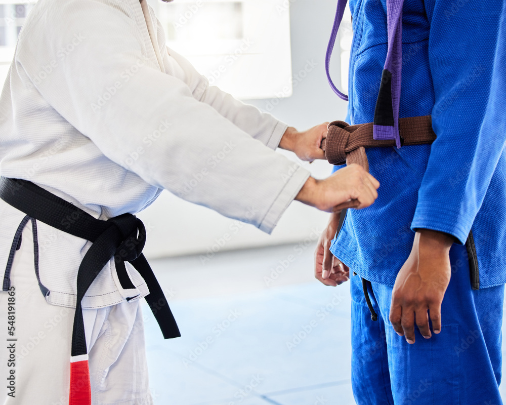 Belt, student and coach at karate training ready while learning, fitness and motivation in a class. Cardio, health and taekwondo teacher helping a man prepare for martial arts fight at a club Belt, student and coach at karate training ready while learning, fitness and motivation in a class. Cardio, health and taekwondo teacher helping a man prepare for martial arts fight at a club