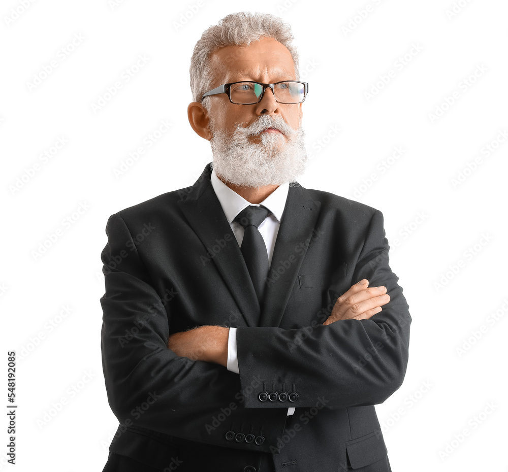 Senior bearded man in eyeglasses and black suit on white background Senior bearded man in eyeglasses and black suit on white background