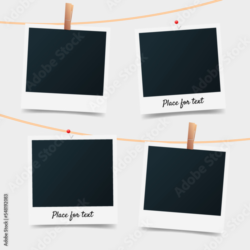 Blank set photo picture frames on gray background. Retro snapshots, instant photos mockup hanging on a thread. Photo template for Scrapbook. Vector illustration