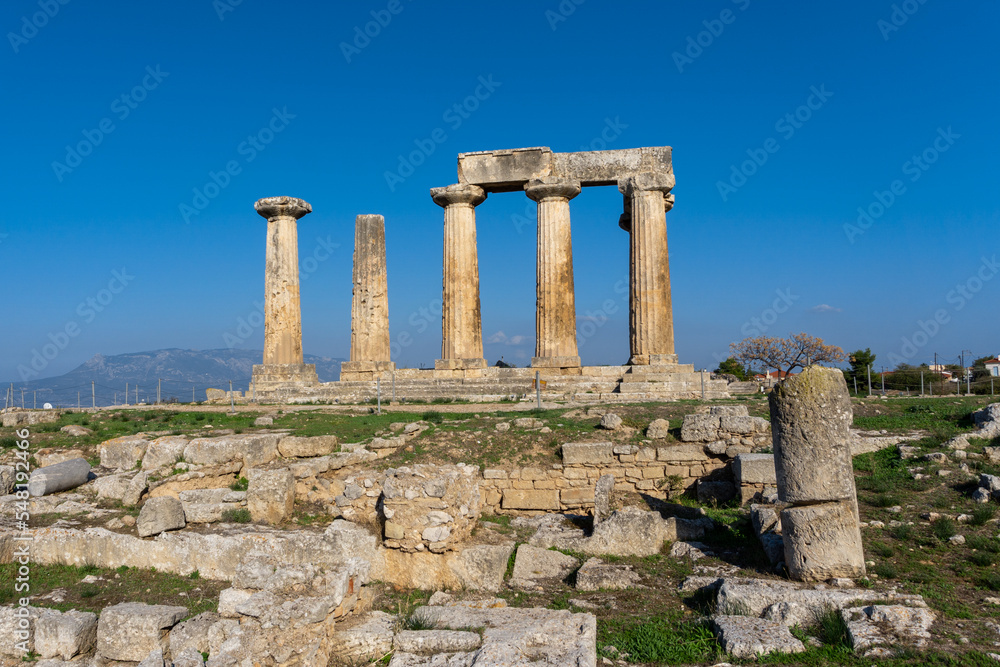 view of the Temple of Apollo in Ancient Corinth in southern Greece