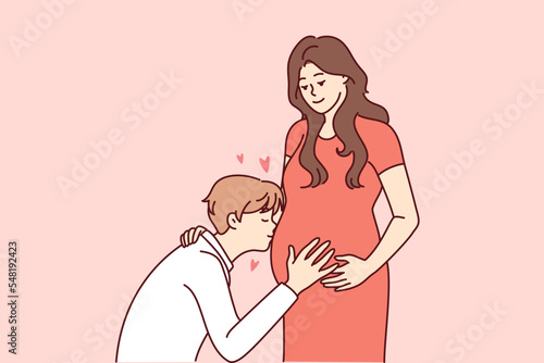 Happy young man kiss pregnant woman belly excited about parenthood. Smiling future father hug wife. Pregnancy and parenting. Vector illustration. 
