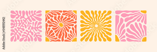 Groovy abstract flower art set. Organic doodle shapes in trendy naive retro hippie 60s 70s style. Contemporary poster and background. Floral botanic vector illustration in pink, yellow, orange colors.