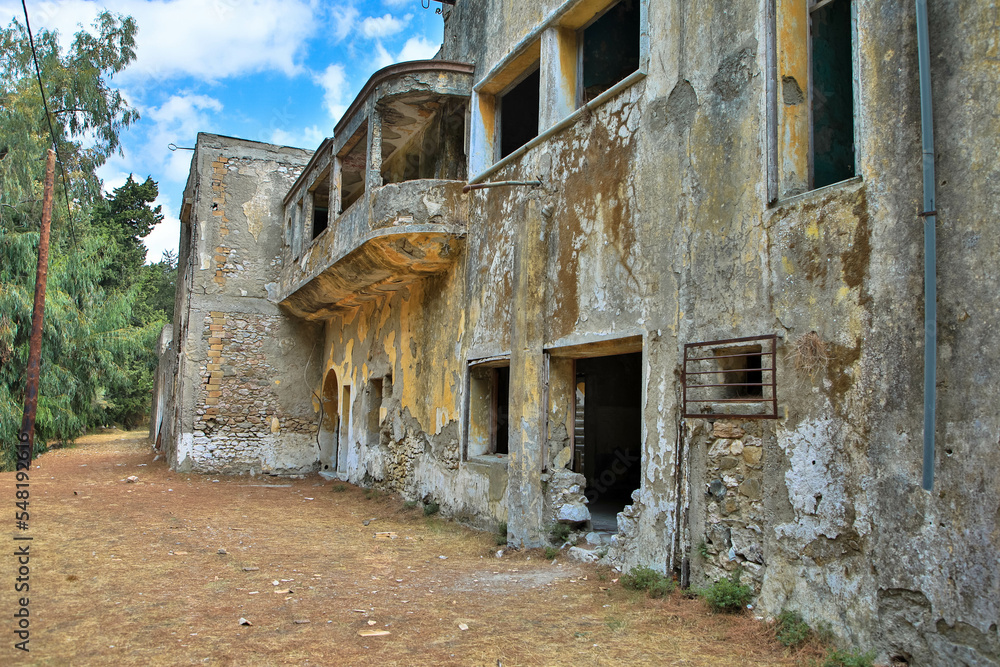 Lost Place in Eleousa. Village on the Greek island of Rhodes. It was built from 1935 during the Italian occupation of Rhodes under the name of Campochiaro. Derelict sanatorium. Rhodes, Greece. Lost Place in Eleousa. Village on the Greek island of Rhodes. It was built from 1935 during the Italian occupation of Rhodes under the name of Campochiaro. Derelict sanatorium. Rhodes, Greece.