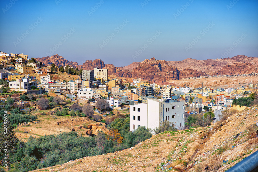 View over the Wadi Musa where is an ancient city Petra.