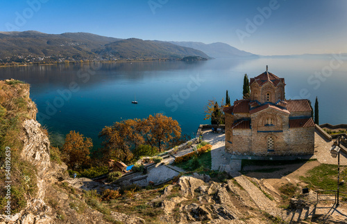 view of the church of Saint John and Lake Ohrid in North Macedonia