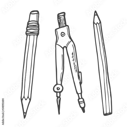 Stationary Hand Drawn Doodle Vector Illustrations Set. Style Sketch with Compass, Pen and Pencil. Isolated.