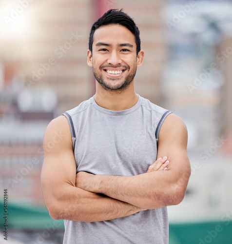 Happy personal trainer, portrait of strong man and body goals for exercise motivation in Mexico. Young mexican coach with healthy lifestyle, outdoor gym for fitness training and sunshine lens flare