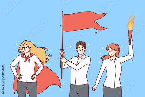 Happy businesspeople with flag and fire celebrate shared business success. Smiling employees striving for win or victory at workplace. Teamwork. Vector illustration. 