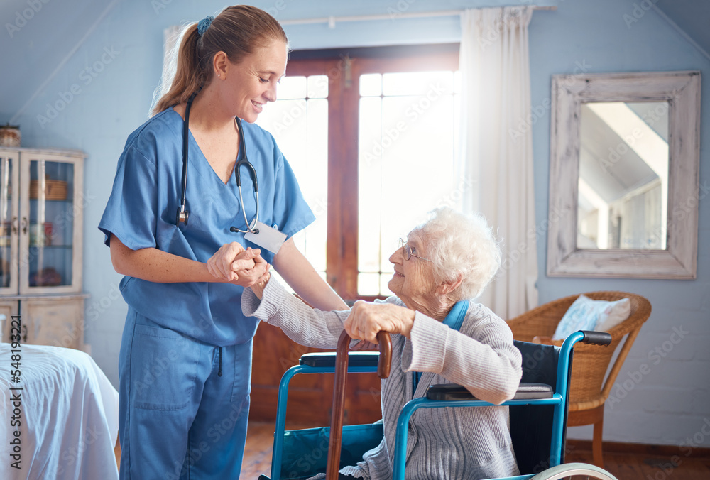 Fototapeta premium Senior woman, wheelchair and nurse for holding hands, disability support or nursing home. Elderly lady, doctor and consulting for help, advice or physiotherapy in elderly care, clinic or smile at job