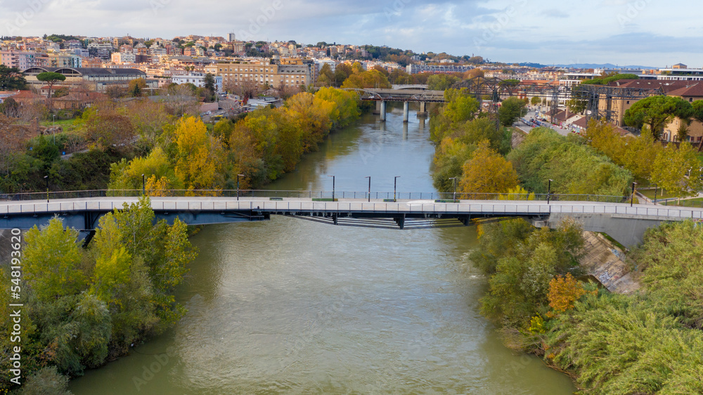 Obraz premium Aerial view over the Tiber River and the Ponte della Scienza, a pedestrian bridge that connects the Lungotevere in Rome, Italy, between the Portuense and Ostiense districts.