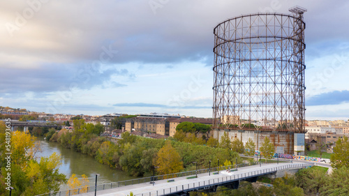 Tablou pe pânză Aerial view at sunset of the Gasometer in the Ostiense district in Rome, Italy