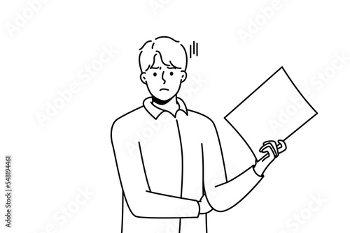 Unhappy young man stand with white paper document. Dissatisfied businessman with paperwork in hands frustrated with results. Vector illustration. 