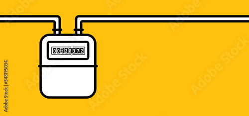 Cartoon yellow gas meter counter. Technology electrical energy icon, counter for distribution domestic current. m3 sign. Measure consumption, control of electric price. Bill, monitor.