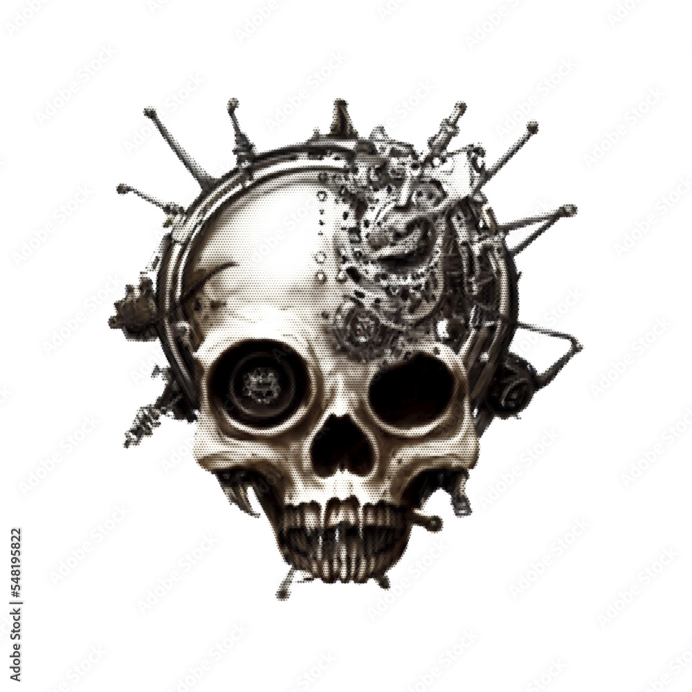 Fototapeta premium Steampunk skull. Halftone Vector illustration. Isolated on white background.