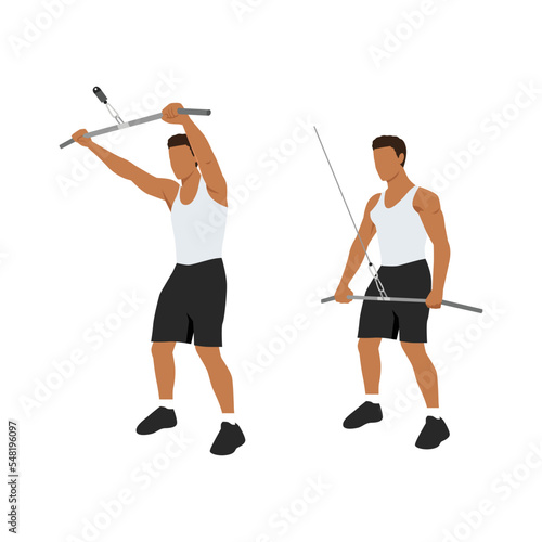 Man doing straight arm pulldown exercise. Flat vector illustration isolated on white background