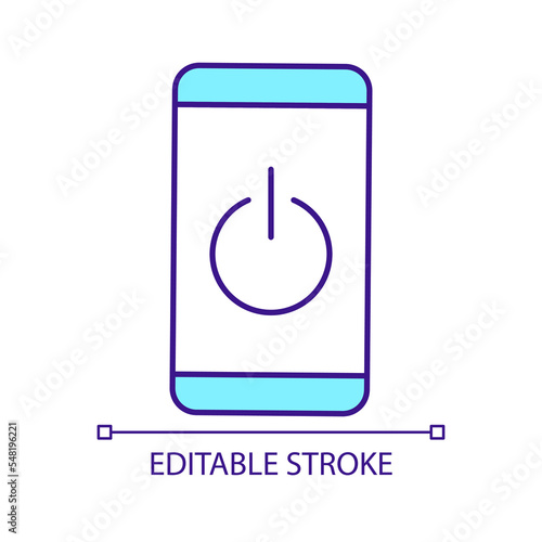 Turning off smartphone RGB color icon. Mobile phone shutdown. Switching off. Force restart. Isolated vector illustration. Simple filled line drawing. Editable stroke. Arial font used