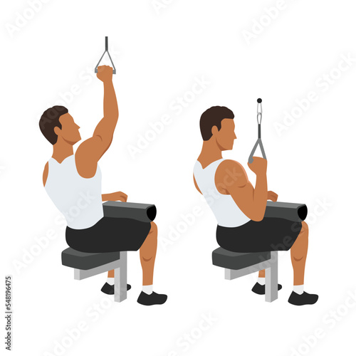 Man doing one arm lat pull down. Pull downs. pullover exercise. Flat vector illustration isolated on white background