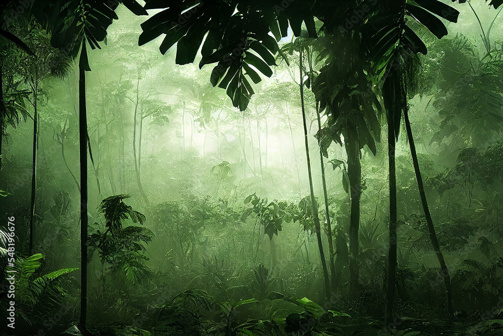 Deep Jungle Amazonas realistic drawing of forest concept art Stock