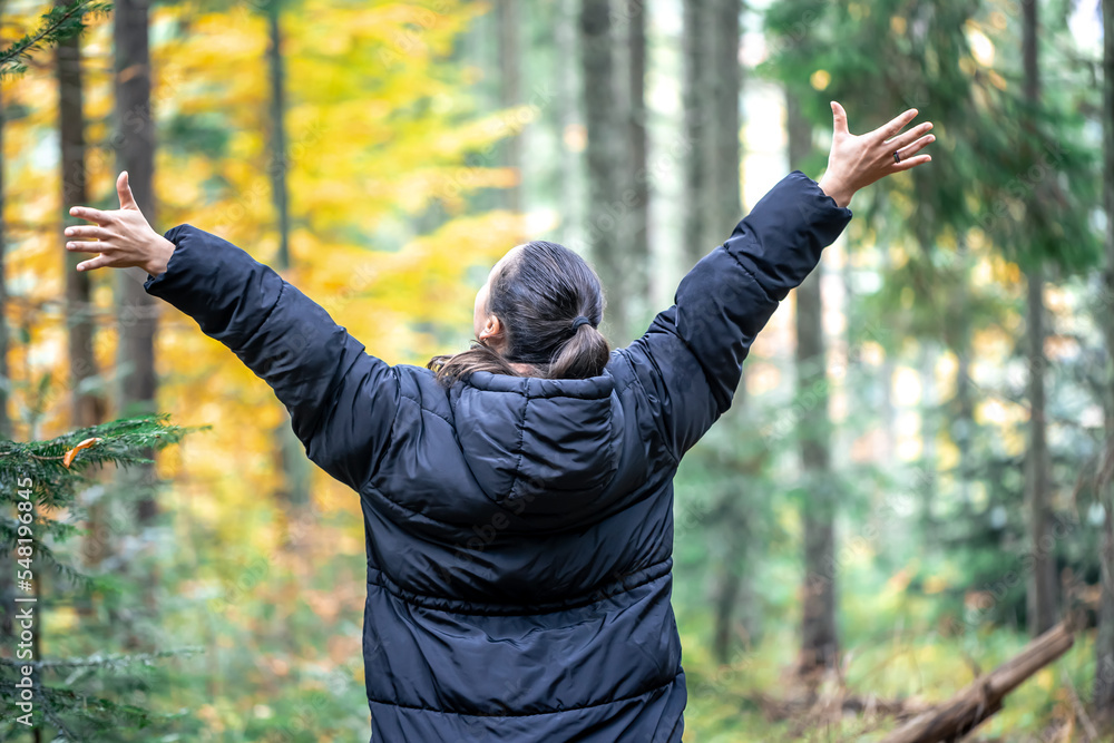 Woman on a blurred background of the autumn forest, view from the back. Woman on a blurred background of the autumn forest, view from the back.