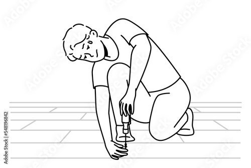 Young man with screwdriver repairing floor indoors. Exhausted male put tiles or parquet at home. Renovation and repair. Vector illustration. 