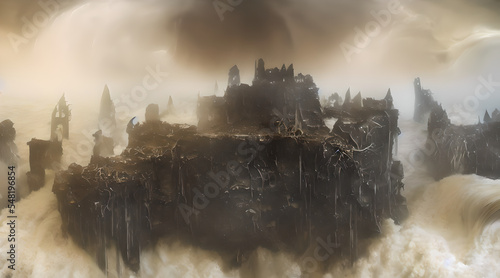 A concept art illustration of Crumbling Farum Azula. A location from Elden ring game. Levitating ruins of castle/fortress and colosseum spinning and flying around a huge tornado. Vortex and whirlwind